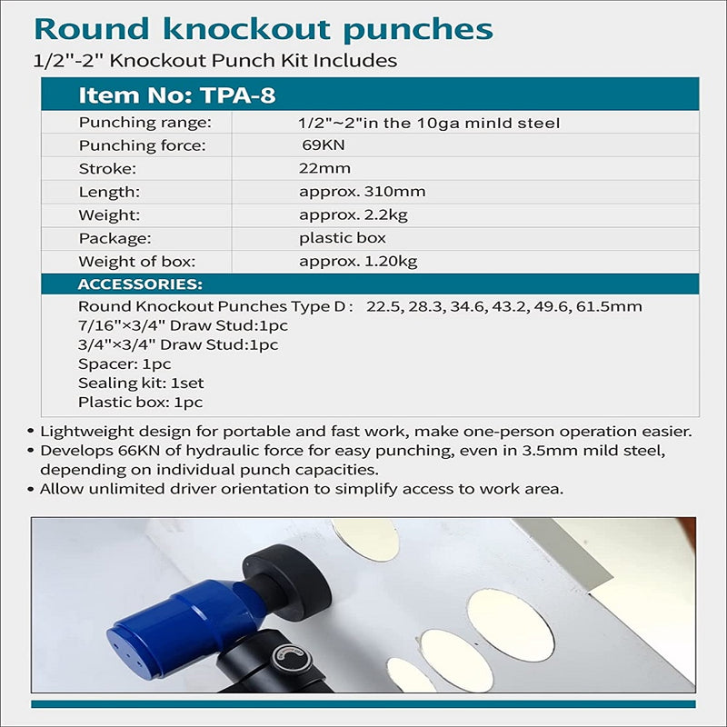 Sacabocados knockout punch de 1/2” a 2" perforador hidráulico de láminas de metal
