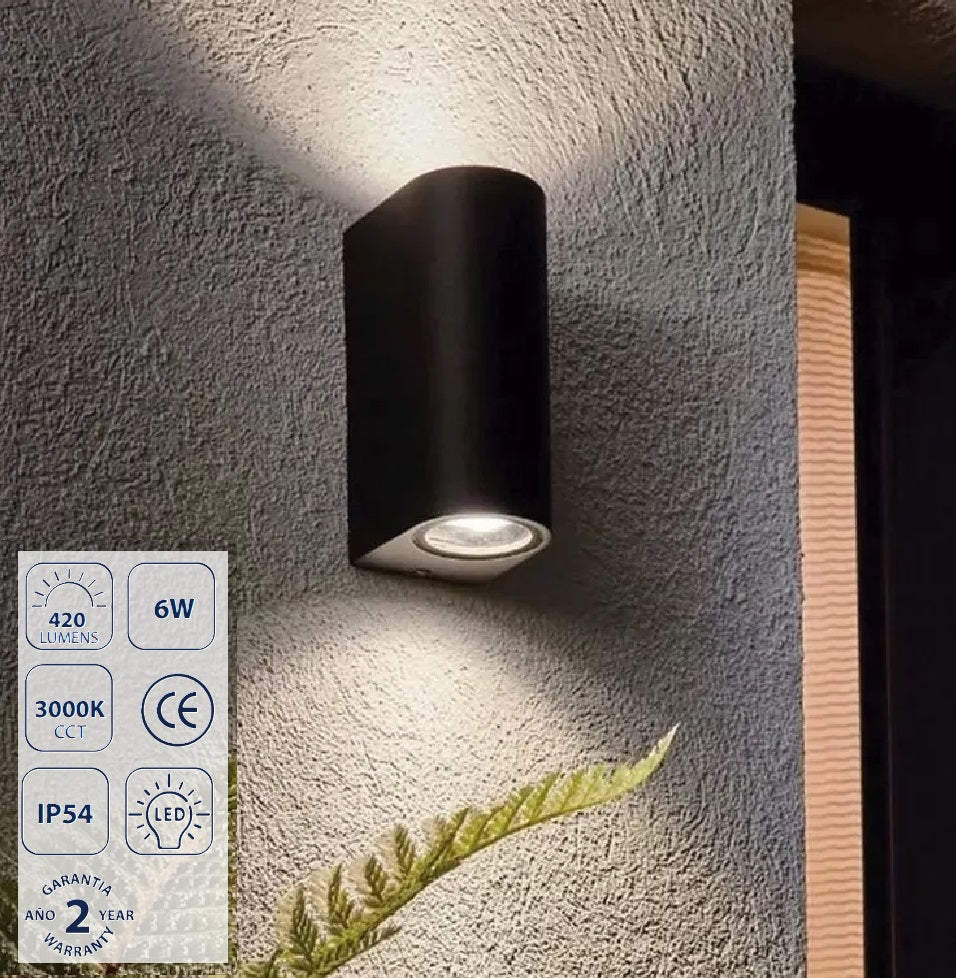 Lámpara de Pared Exterior Negra LED 6W 3000K 420lm 68x150mm.Iluminación Cálida para Exteriores - Luminaria.