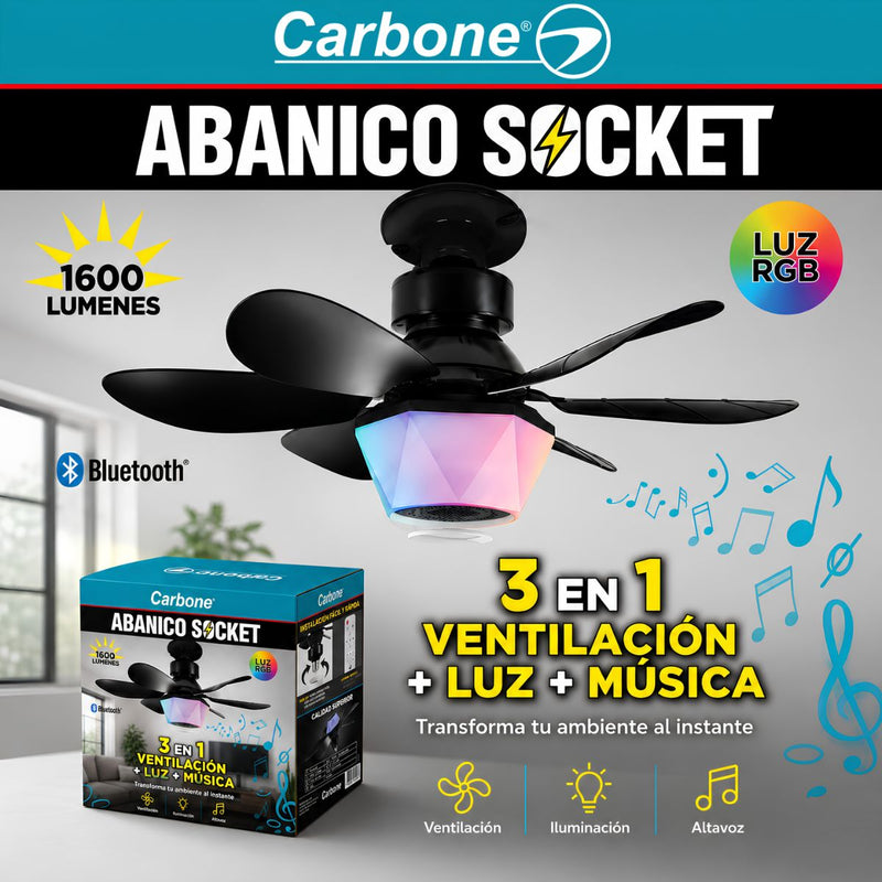 Abanico De Techo 20” Con Socket E27, Luz LED RGB Y 3 Tonos, Bocina Bluetooth. Ventilador Con 6 Aspas, 1600 Lúmenes Y Control Remoto. Color negro.