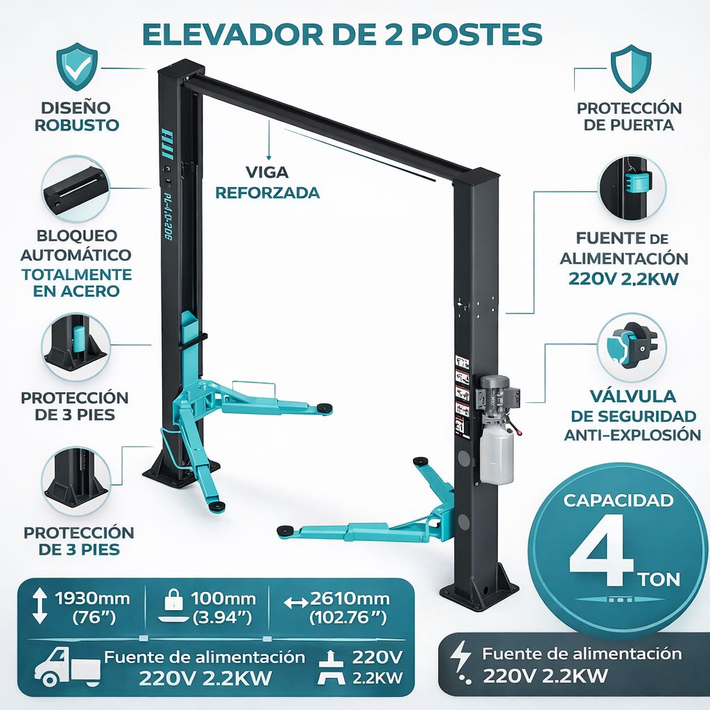 Elevador de autos 4 Ton de dos postes con piso transparente tipo arco 220V monofásica 50/60hz 2.2kw