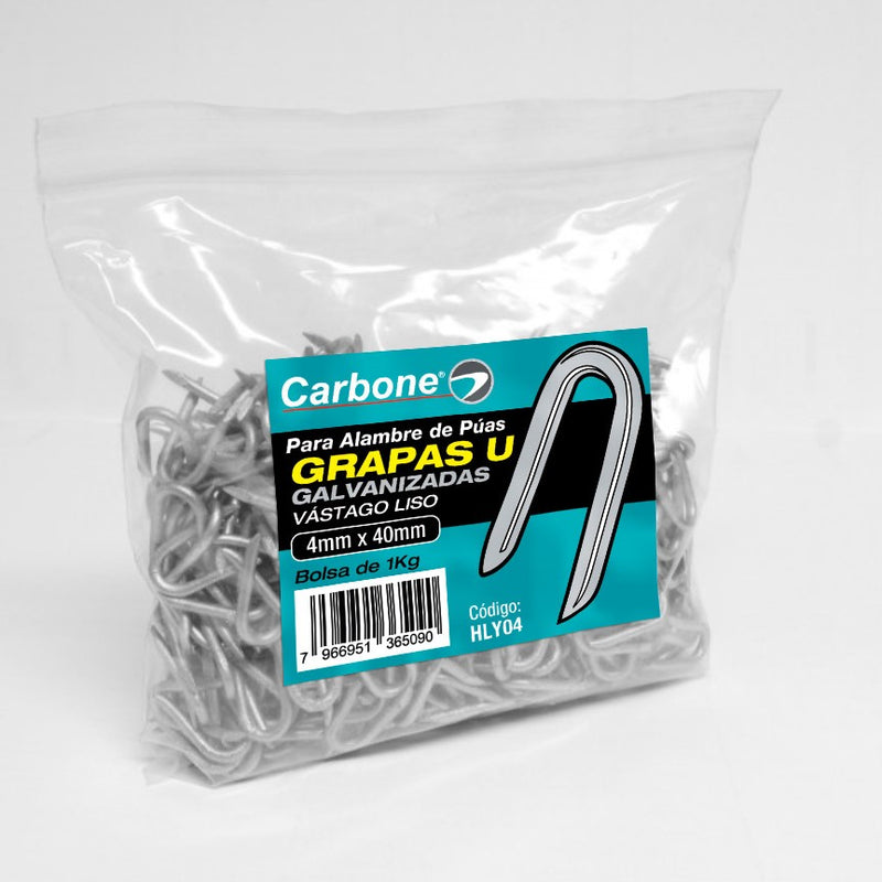 Grapa U galvanizada de 4mm x40 mm. para alambre de puas Bolsa de 1kg.