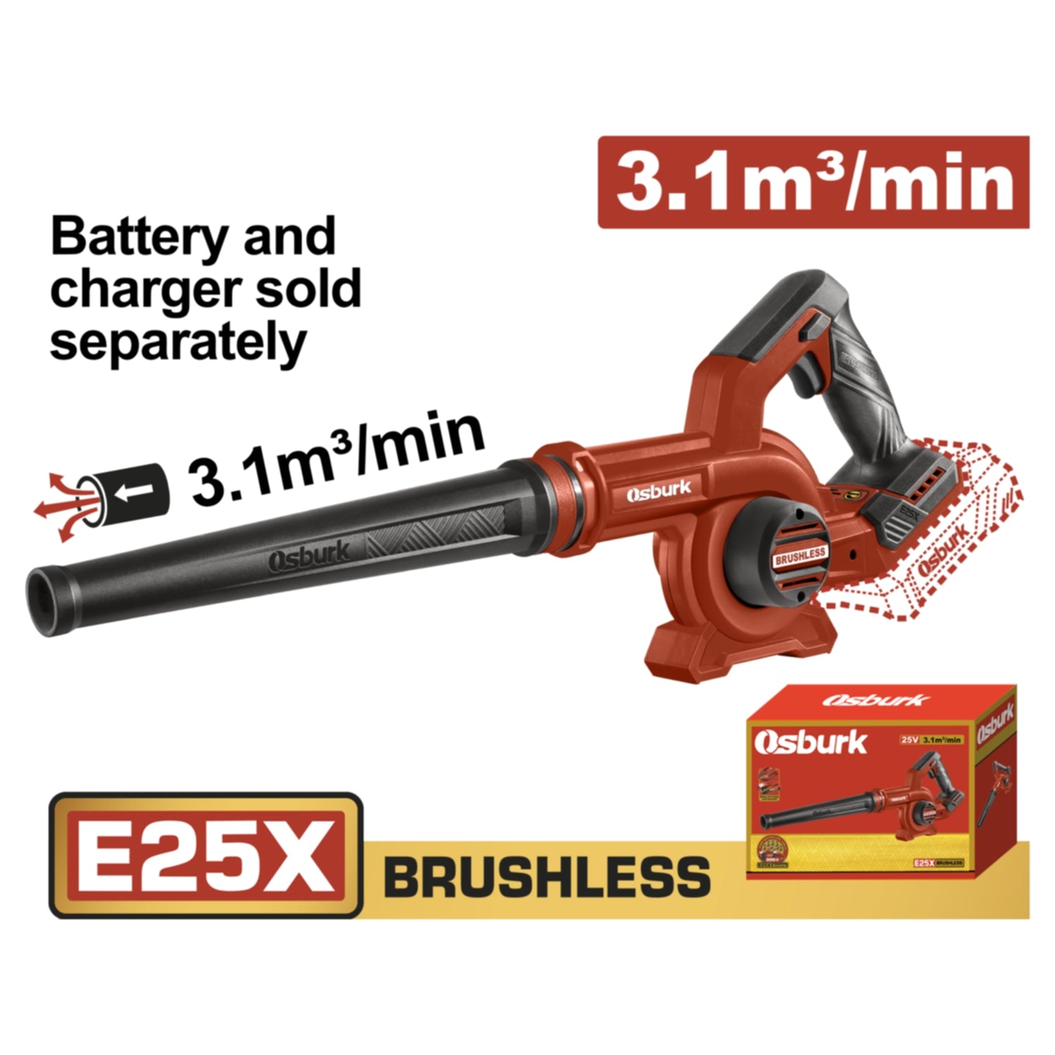 Soplador blower 25V Inalámbrico 3.1 m³/min 18000rpm No Incluye batería ni cargador.