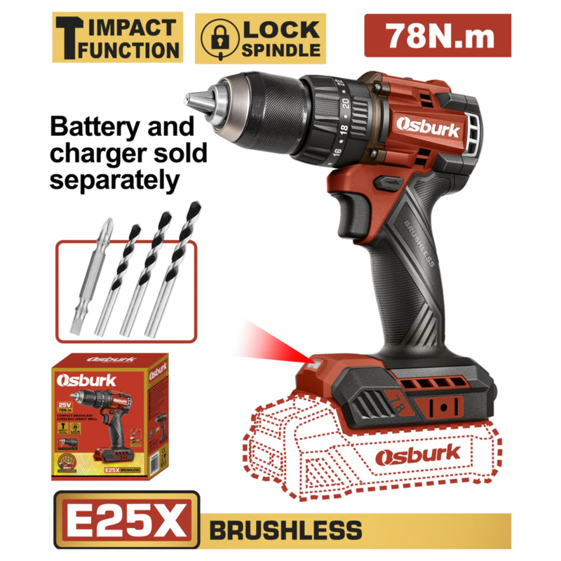 Taladro drill Inalámbrico 1/2" 25V Función Impacto. Motor Sin Escobillas. 78Nm. No Incluye Batería Ni Cargador.