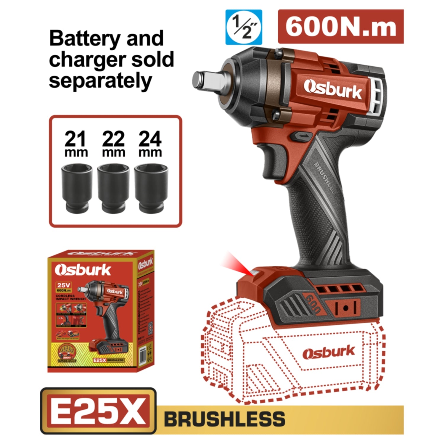 Llave Impacto 600Nm dado cuadrado 25V 1/2" Motor sin escobillas. No incluye batería ni cargador.