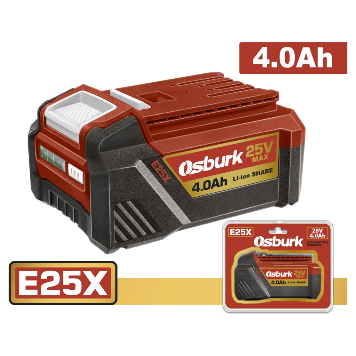 Batería 25V 4.0Ah con indicador LED. Compatible con múltiples herramientas OSBURK E25X.
