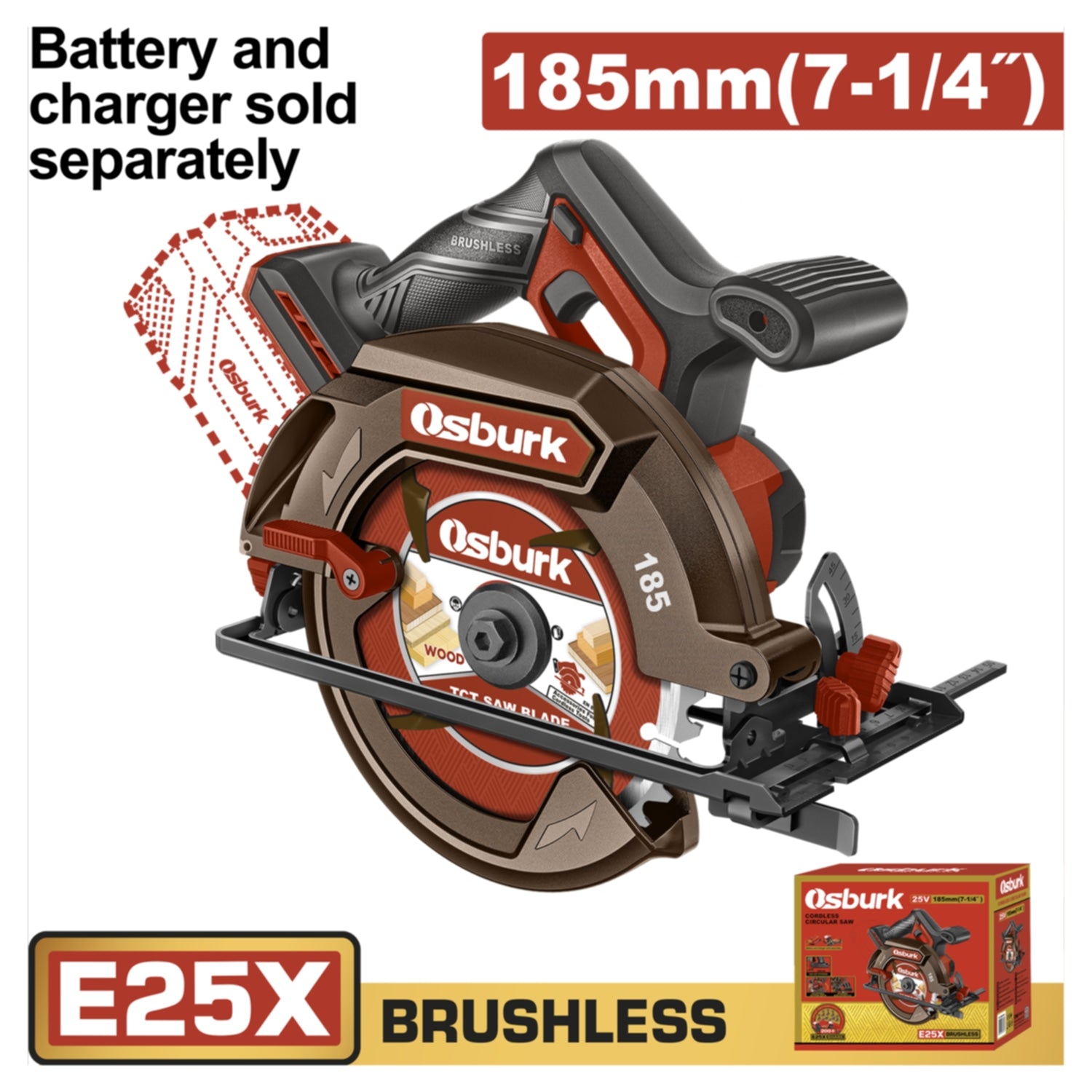 Sierra Circular inalámbrica 25V 7-1/4'' 185mm. Motor Sin Escobillas. 5000rpm. Batería y Cargador por Separado.