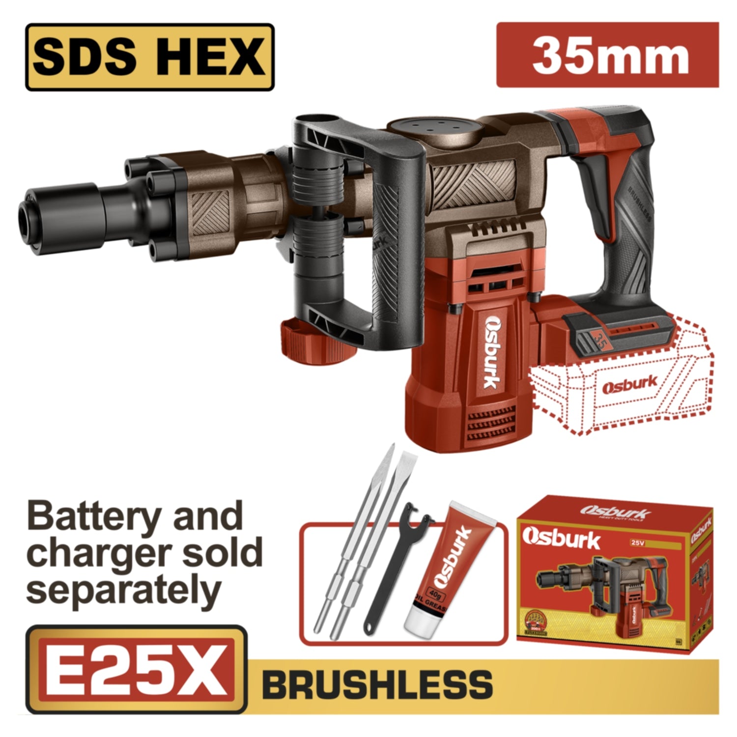 Rotomartillo Demoledor SDS HEX 25V 0-2800Bpm 35 mm, 16J Motor sin escobillas. Incluye accesorios. Batería y cargador por separado.