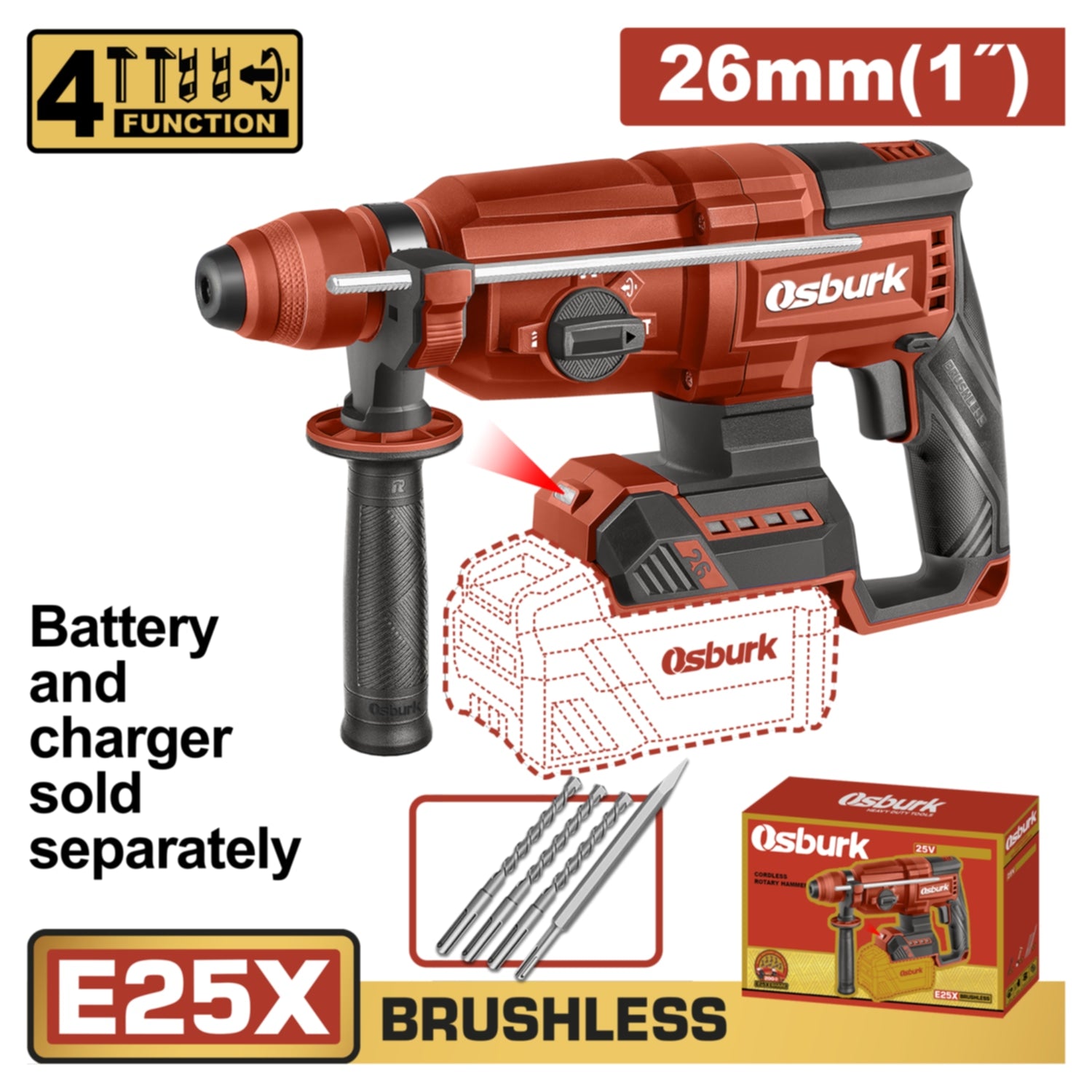 Taladro Rotomartillo 25V. Motor sin escobillas. Perfora concreto: 26mm. SDS PLUS Batería y cargador por separado.
