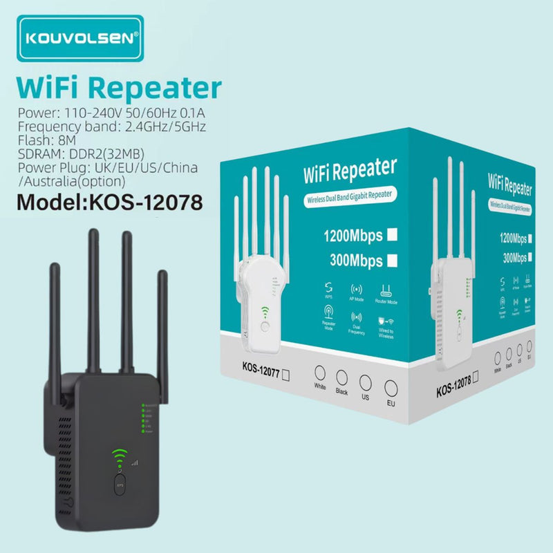 Repetidor WiFi Doble Banda 1200Mbps 2.4GHz y 5GHz con 4 Antenas de Alta Ganancia. Amplificador de Señal Inalámbrico con Puerto LAN y Modo AP. Color Negro.