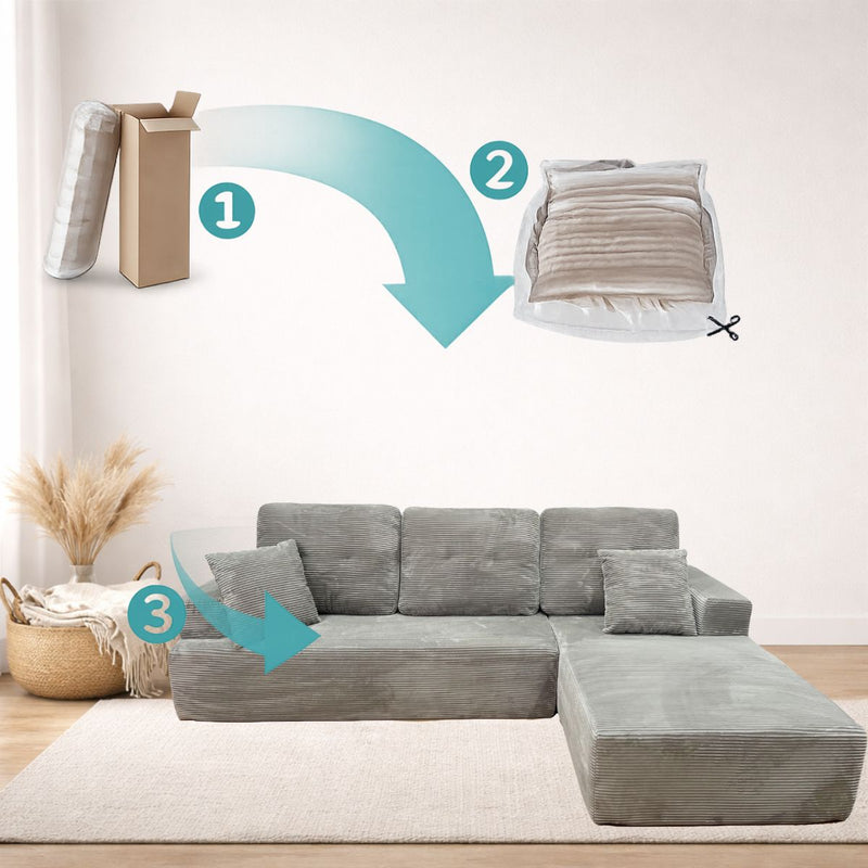 Sofá Seccional en L empacado al vacio Memory Foam de alta densidad 175X92X82cm+170X93X82cm Color Light gray
