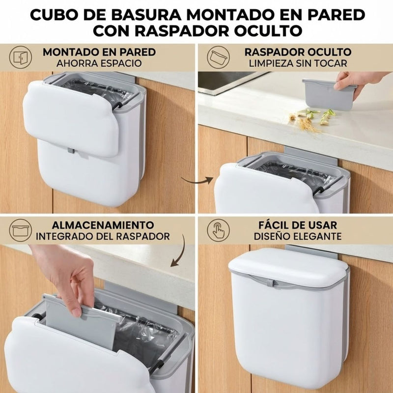 Basurero Plegable (9L) para Cocina. Bote de Basura Montado en Pared o Gabinete. Tinaco con Tapa de Doble Apertura. Papelera.