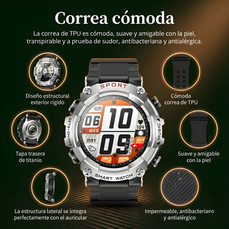 Smartwatch Deportivo con Pantalla AMOLED 1.52". Reloj Inteligente IP67 con Monitoreo de Salud. Auriculares Inalámbricos Integrados.