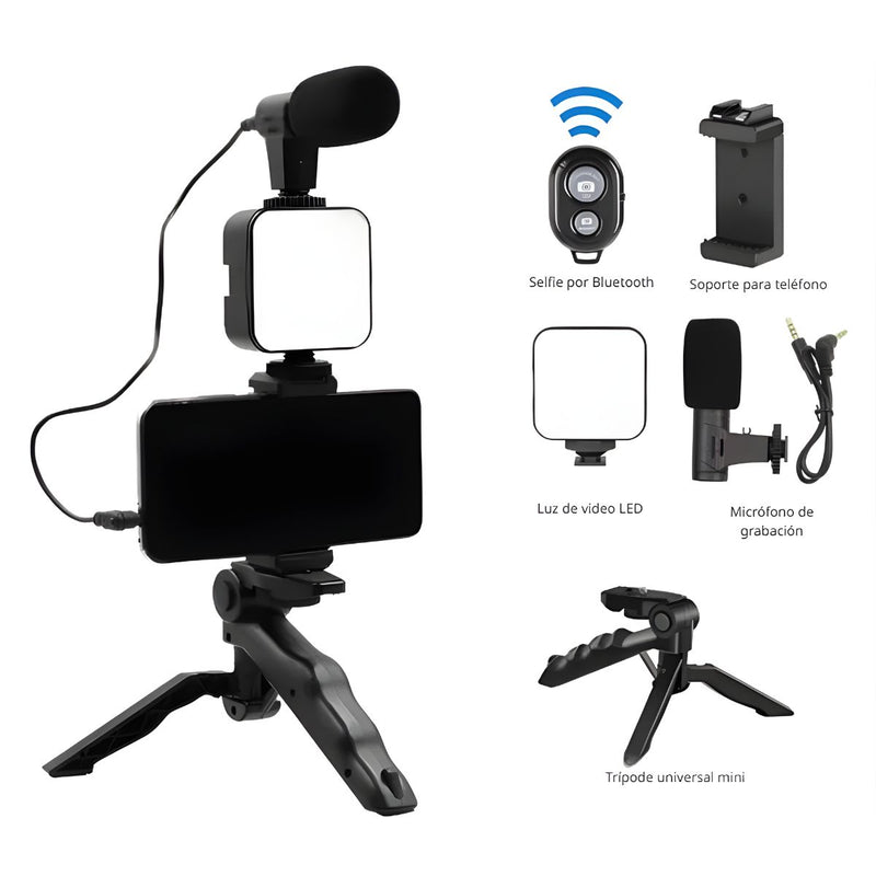Trípode con Luz LED y Micrófono. Kit de Video Profesional con Bluetooth. Soporte Automático para Streaming y vlogs.