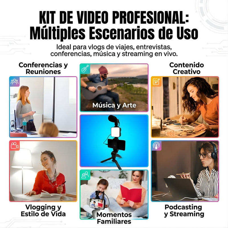 Trípode con Luz LED y Micrófono. Kit de Video Profesional con Bluetooth. Soporte Automático para Streaming y vlogs.