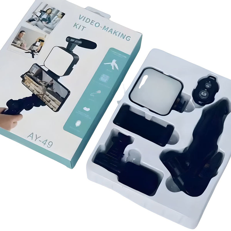 Trípode con Luz LED y Micrófono. Kit de Video Profesional con Bluetooth. Soporte Automático para Streaming y vlogs.