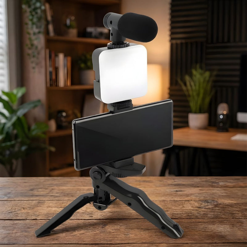 Trípode con Luz LED y Micrófono. Kit de Video Profesional con Bluetooth. Soporte Automático para Streaming y vlogs.