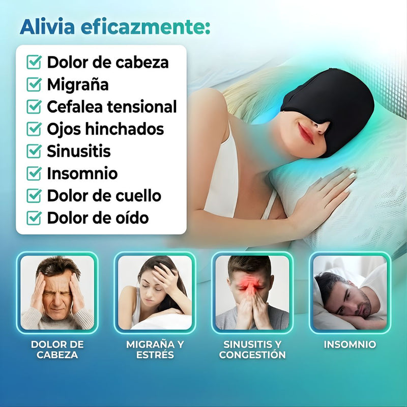 Máscara de Gel Frío 360° para Migraña y Dolor de Cabeza. Compresa Fría para Ojos Hinchados, Sinusitis y Relajación Profunda.