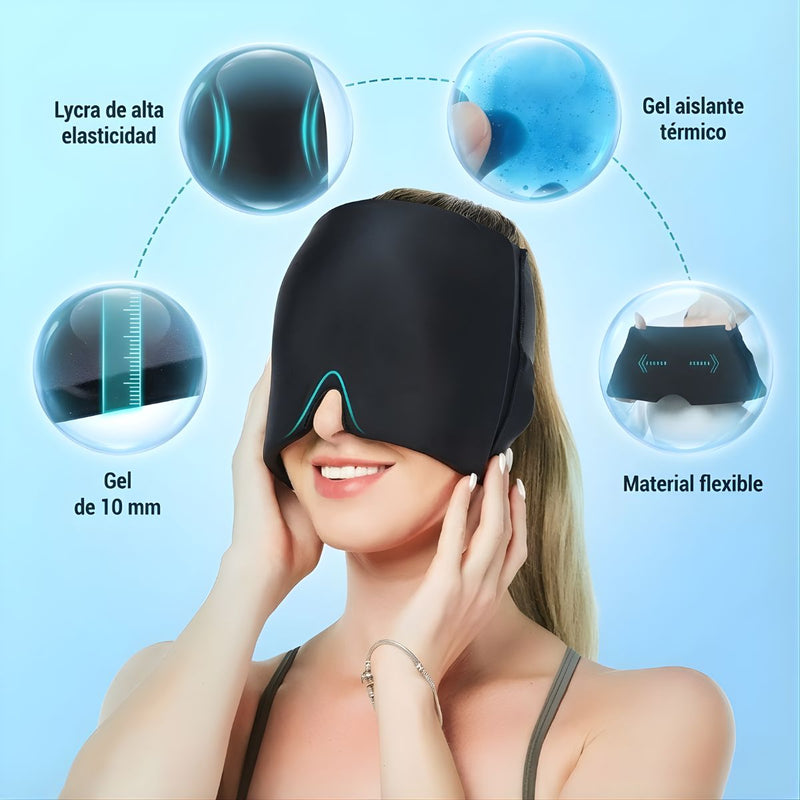 Máscara de Gel Frío 360° para Migraña y Dolor de Cabeza. Compresa Fría para Ojos Hinchados, Sinusitis y Relajación Profunda.