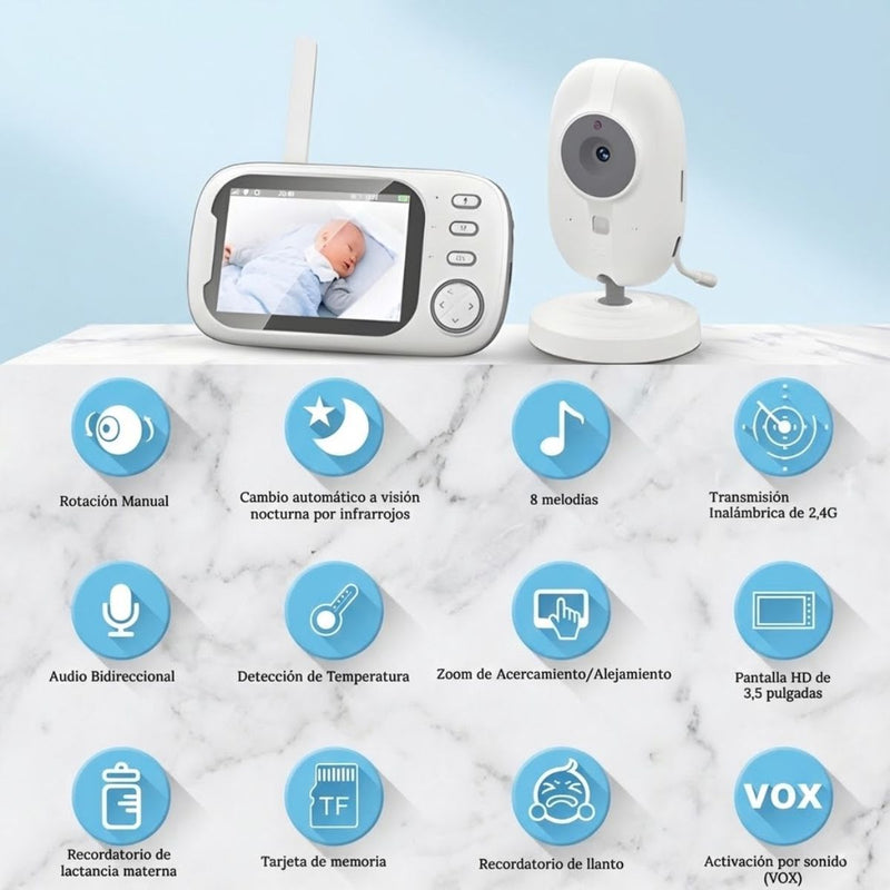 Monitor de Video para Bebé 3.5'' con Visión Nocturna. Baby Cam con Audio Bidireccional y Modo VOX. 110v