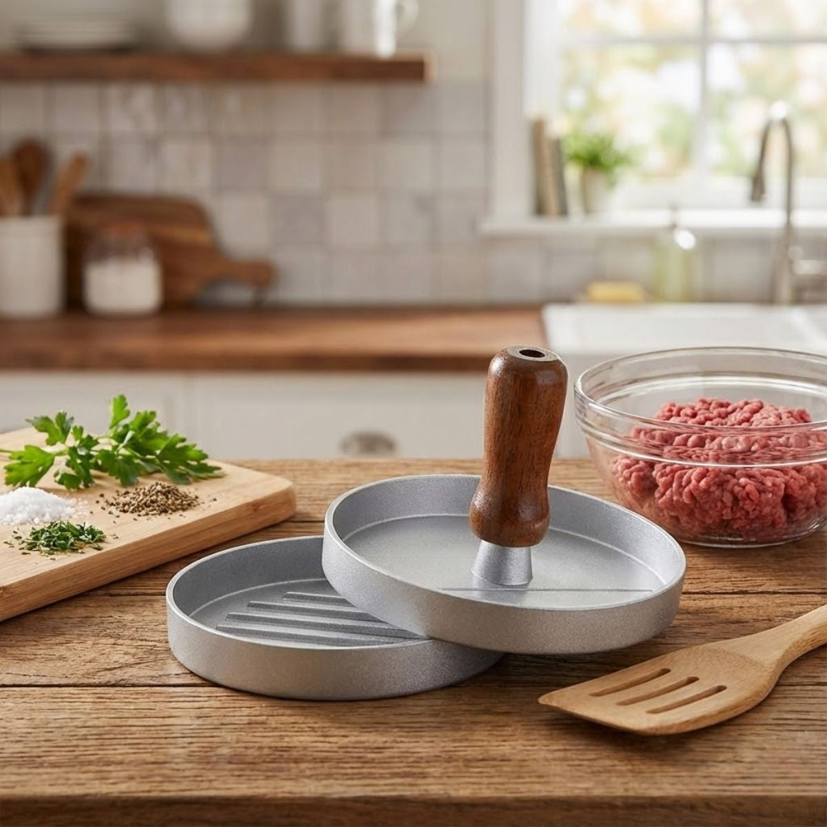 Prensa para Hamburguesas 5" (11.8 cm) con Mango de Madera. para Parrilla y Cocina. Moldeador formador de carne 195G