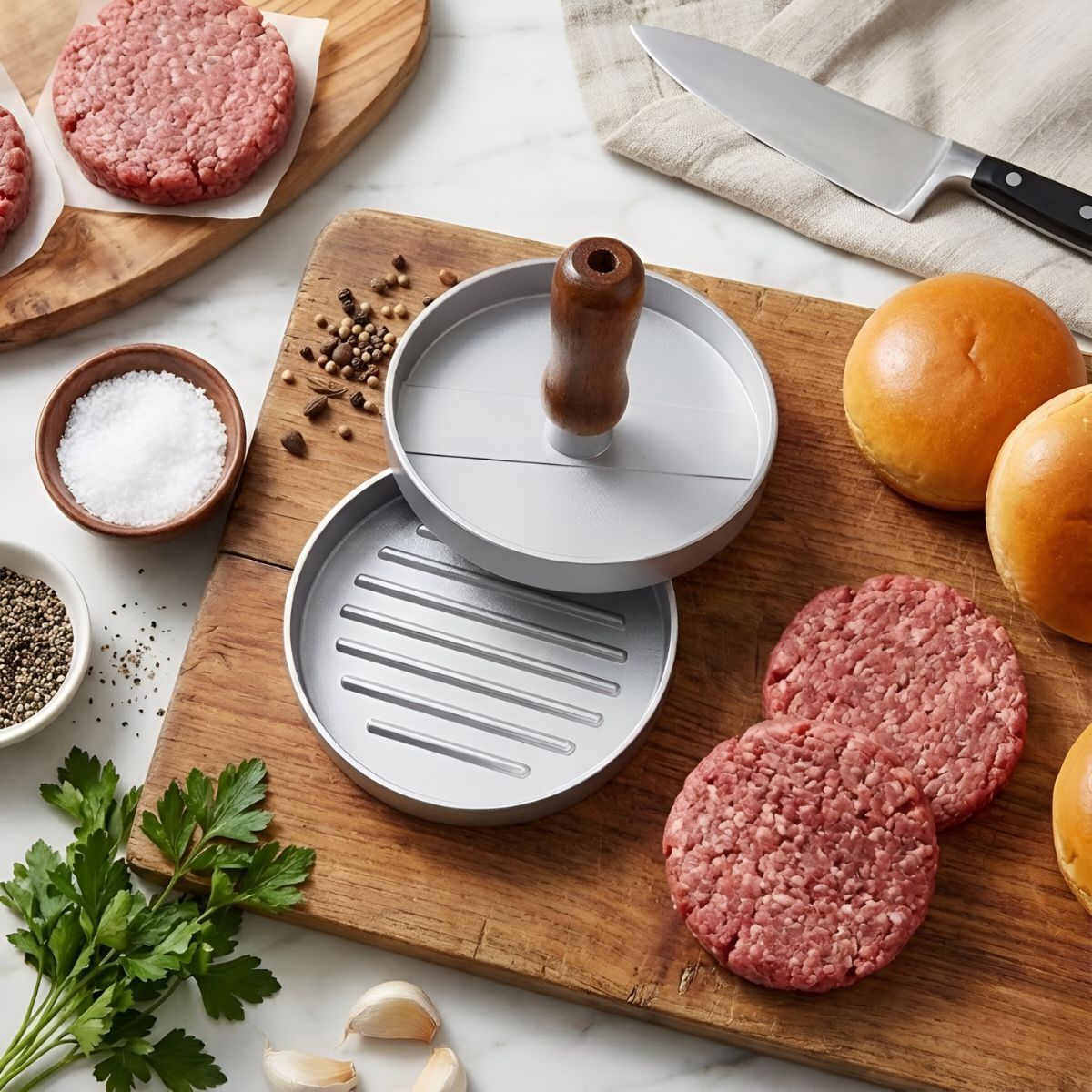 Prensa para Hamburguesas 5" (11.8 cm) con Mango de Madera. para Parrilla y Cocina. Moldeador formador de carne 195G