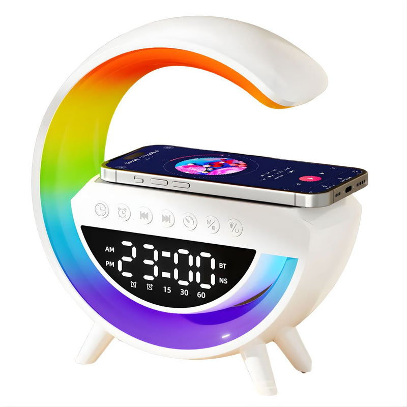 Lámpara de Mesa Inteligente con Cargador Inalámbrico, Bocina Bluetooth y Reloj Despertador. Luz LED RGB  para Mesita de Noche. Blanco