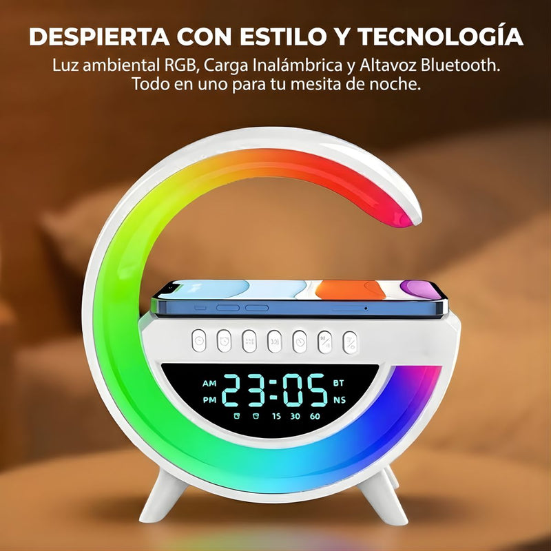 Lámpara de Mesa Inteligente con Cargador Inalámbrico, Bocina Bluetooth y Reloj Despertador. Luz LED RGB  para Mesita de Noche. Blanco
