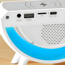 Lámpara de Mesa Inteligente con Cargador Inalámbrico, Bocina Bluetooth y Reloj Despertador. Luz LED RGB  para Mesita de Noche. Blanco