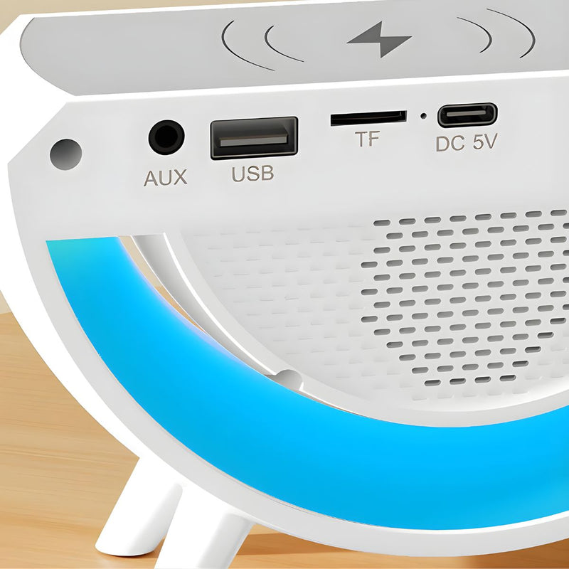 Lámpara de Mesa Inteligente con Cargador Inalámbrico, Bocina Bluetooth y Reloj Despertador. Luz LED RGB  para Mesita de Noche. Blanco