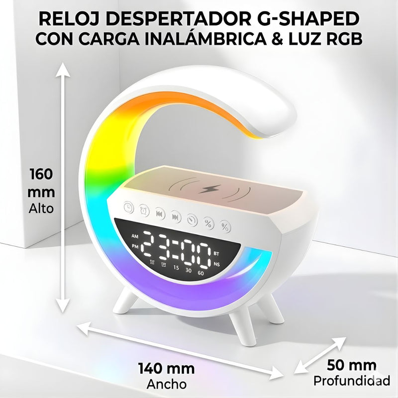 Lámpara de Mesa Inteligente con Cargador Inalámbrico, Bocina Bluetooth y Reloj Despertador. Luz LED RGB  para Mesita de Noche. Blanco