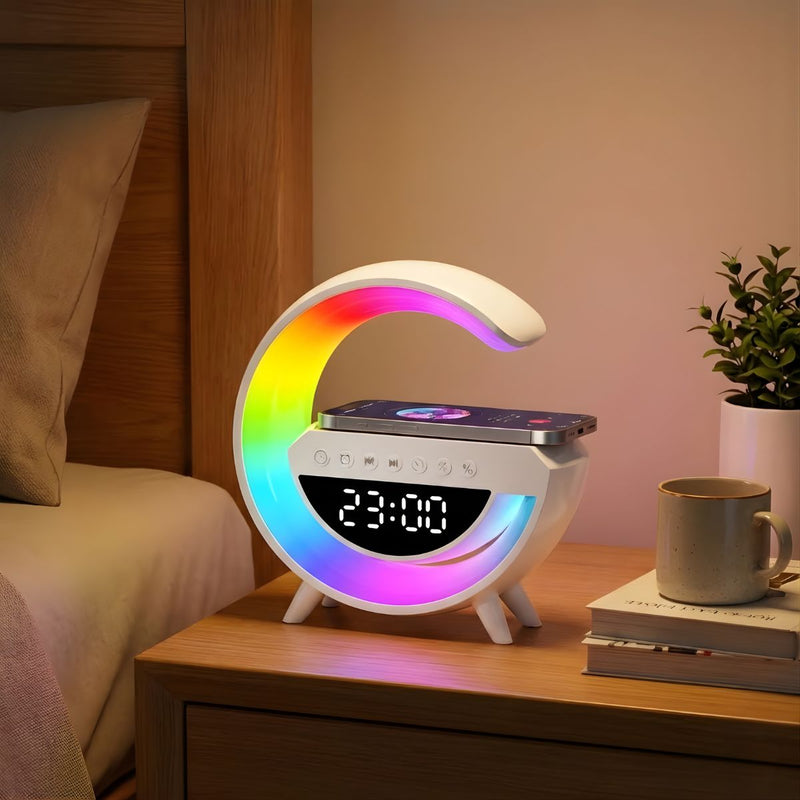 Lámpara de Mesa Inteligente con Cargador Inalámbrico, Bocina Bluetooth y Reloj Despertador. Luz LED RGB  para Mesita de Noche. Blanco