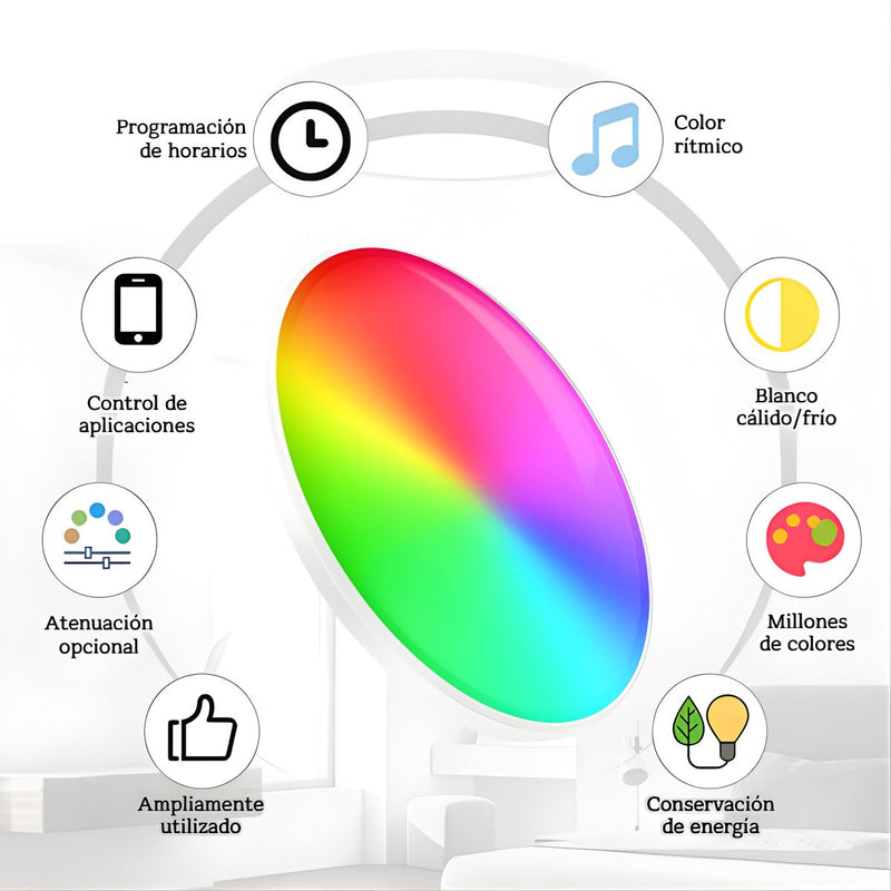 Lampara LED de techo inteligente 24w RGB + Blanco Cálido y Frío. 30cm Luz regulable con WiFi. Iluminación multicolor. Carcasa Blanca.
