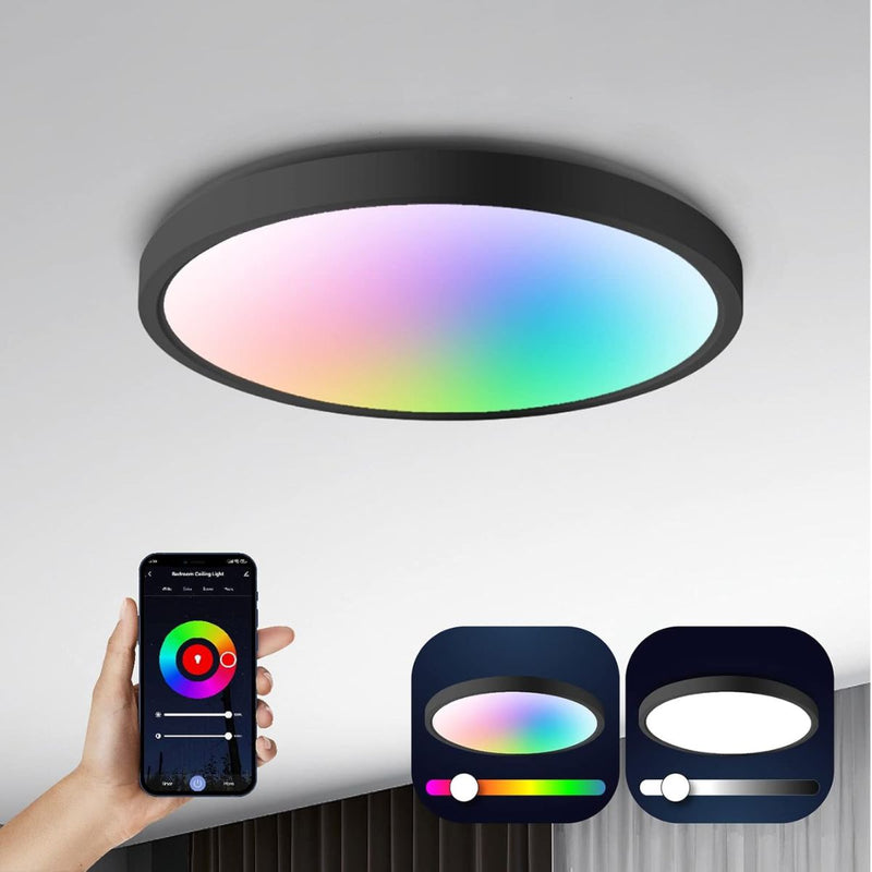 Lampara LED de techo inteligente 24w RGB + Blanco Cálido y Frío. 30 cm Luz regulable con WiFi. Iluminación multicolor. Carcasa Negra.