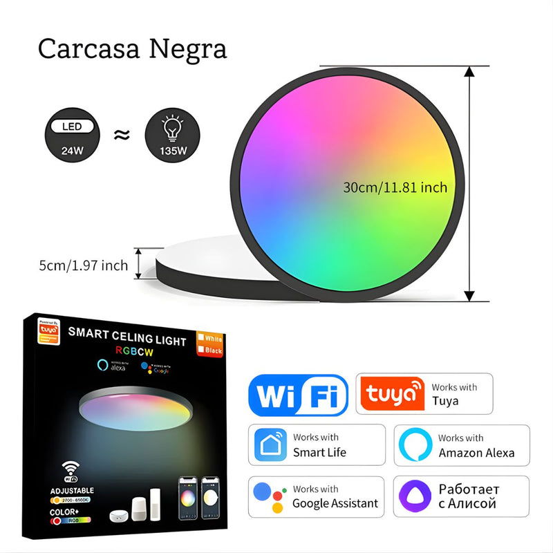 Lampara LED de techo inteligente 24w RGB + Blanco Cálido y Frío. 30 cm Luz regulable con WiFi. Iluminación multicolor. Carcasa Negra.