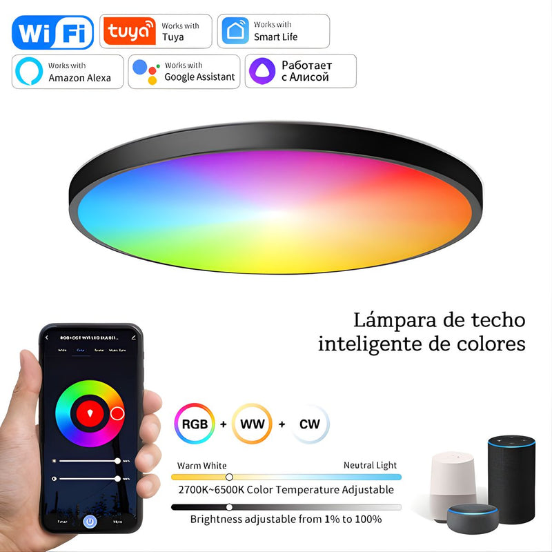 Lampara LED de techo inteligente 24w RGB + Blanco Cálido y Frío. 30 cm Luz regulable con WiFi. Iluminación multicolor. Carcasa Negra.