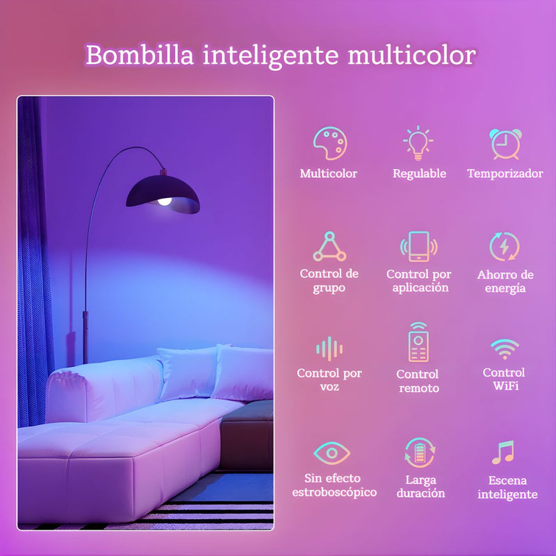 Bombillos LED Inteligentes RGB. Luz Multicolor + Blanco Cálido y Frío. Focos Smart con WiFi y Bluetooth. (Pack de 3 unidades)