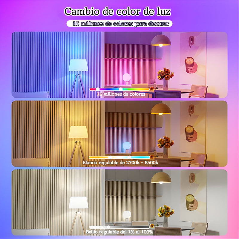 Bombillos LED Inteligentes RGB. Luz Multicolor + Blanco Cálido y Frío. Focos Smart con WiFi y Bluetooth. (Pack de 3 unidades)