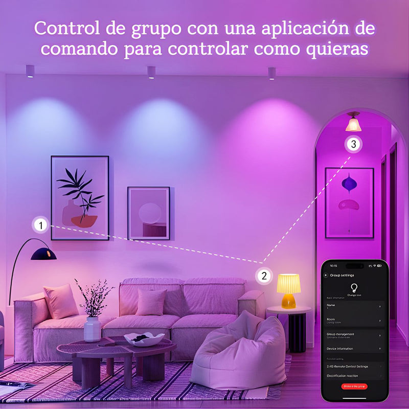 Bombillos LED Inteligentes RGB. Luz Multicolor + Blanco Cálido y Frío. Focos Smart con WiFi y Bluetooth. (Pack de 3 unidades)