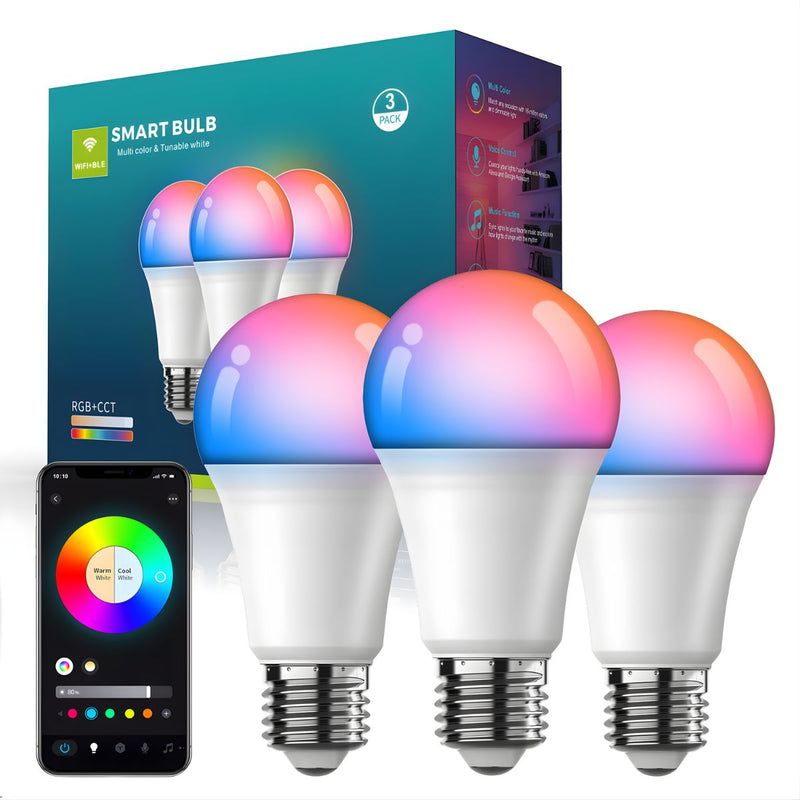 Bombillos LED Inteligentes RGB. Luz Multicolor + Blanco Cálido y Frío. Focos Smart con WiFi y Bluetooth. (Pack de 3 unidades)