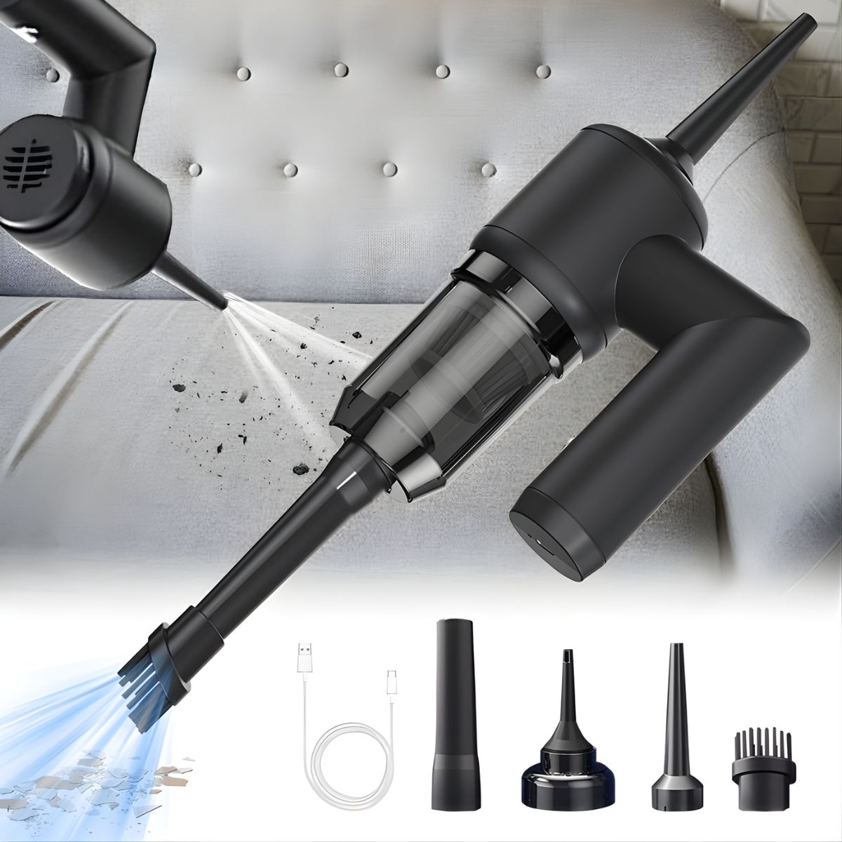 Aspiradora sopladora Portátil 5 en 1. Limpiador Multifuncional con Succión y Soplado. Incluye Accesorios Intercambiables.