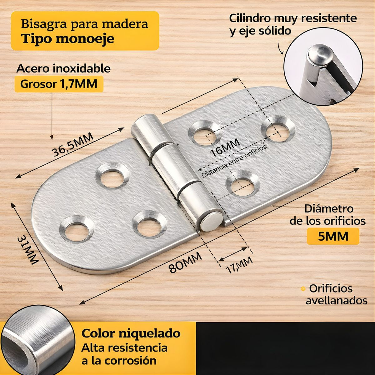 Bisagra Solapada de acero inoxidable. Bisagra sobrepuesta tipo monoeje Puertas y Muebles.