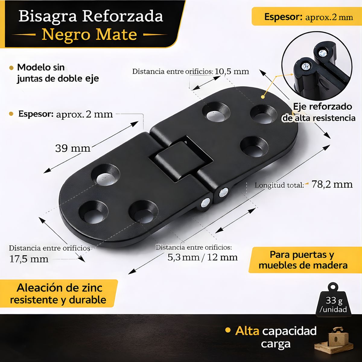 Bisagra Solapada Reforzada de Aleación de zinc. Bisagra Sobrepuesta para Puertas y Muebles. Color Negro.