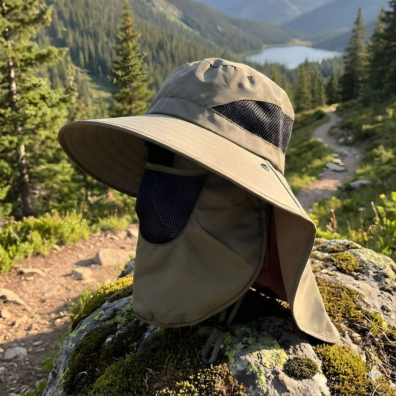 Sombrero Safari con Protección de Rostro y Cuello. Gorro para Senderismo y Pesca con Visera Ancha y Malla Transpirable.