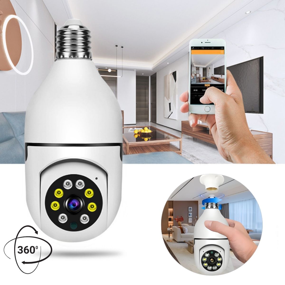 Cámara De Seguridad WiFi 360° 3MP Tipo Foco Socket E27 Con Seguimiento Inteligente Y Visión Nocturna A Color. Camara de Videovigilancia Con AP Integrado.