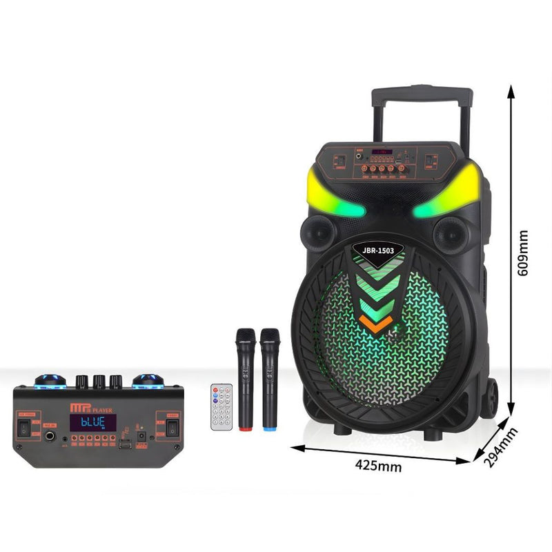 Bocina Bluetooth Portátil de 15” con Luz LED RGB. Altavoz Inalámbrico con Micrófonos, Batería Recargable 3000mAh y Control Remoto. Color negro.