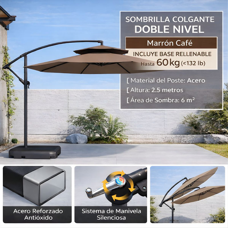 Sombrilla De Patio 2.7 Mts Lona Impermeable Anti-UV Con Base Pesada De Agua. Paraguas Lateral Para Jardín y Exteriores. Color chocolate.