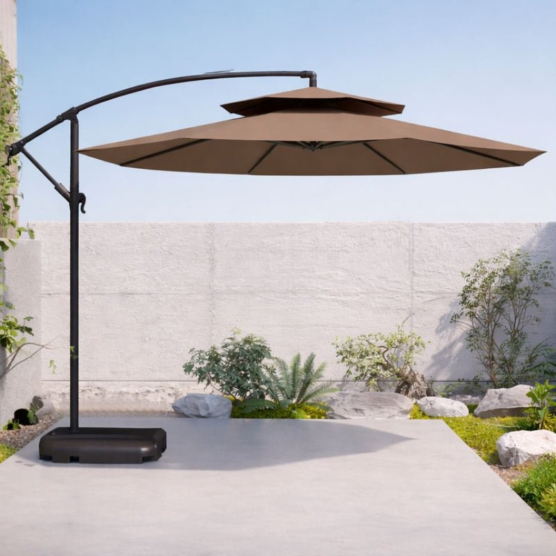 Sombrilla De Patio 2.7 Mts Lona Impermeable Anti-UV Con Base Pesada De Agua. Paraguas Lateral Para Jardín y Exteriores. Color chocolate.