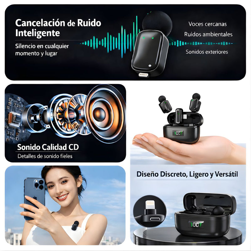 Micrófono Inalámbrico Dual con Cancelación de Ruido inteligente. Compatible con Apple (conector Lightning). Estuche con Pantalla Digital.