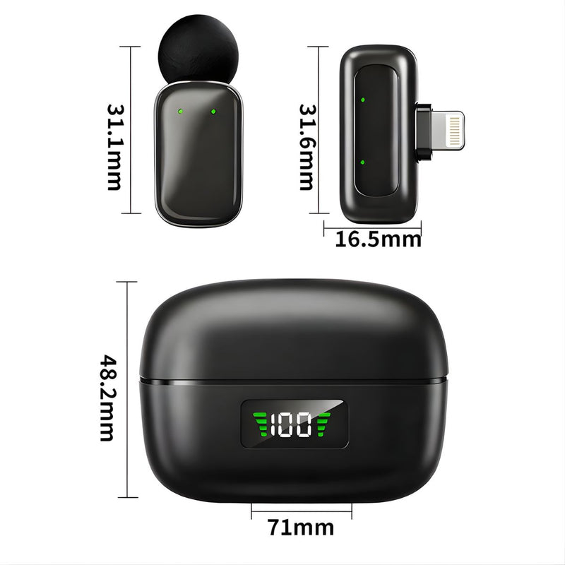 Micrófono Inalámbrico Dual con Cancelación de Ruido inteligente. Compatible con Apple (conector Lightning). Estuche con Pantalla Digital.