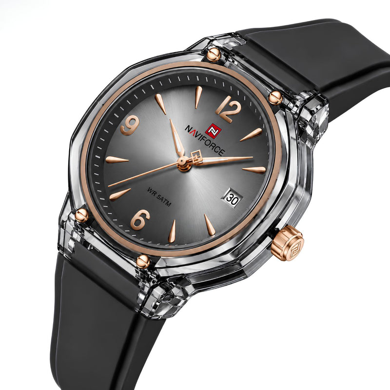 Naviforce Reloj Analógico negro con detalles dorados con Correa de Silicona, Diámetro de 36 mm, Cristal Acrílico HD y Resistencia al Agua 5 ATM